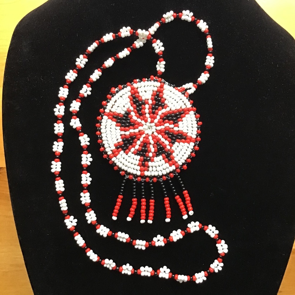 Vintage Native American Beaded Medallion Necklace Southwest Style Seed Leather